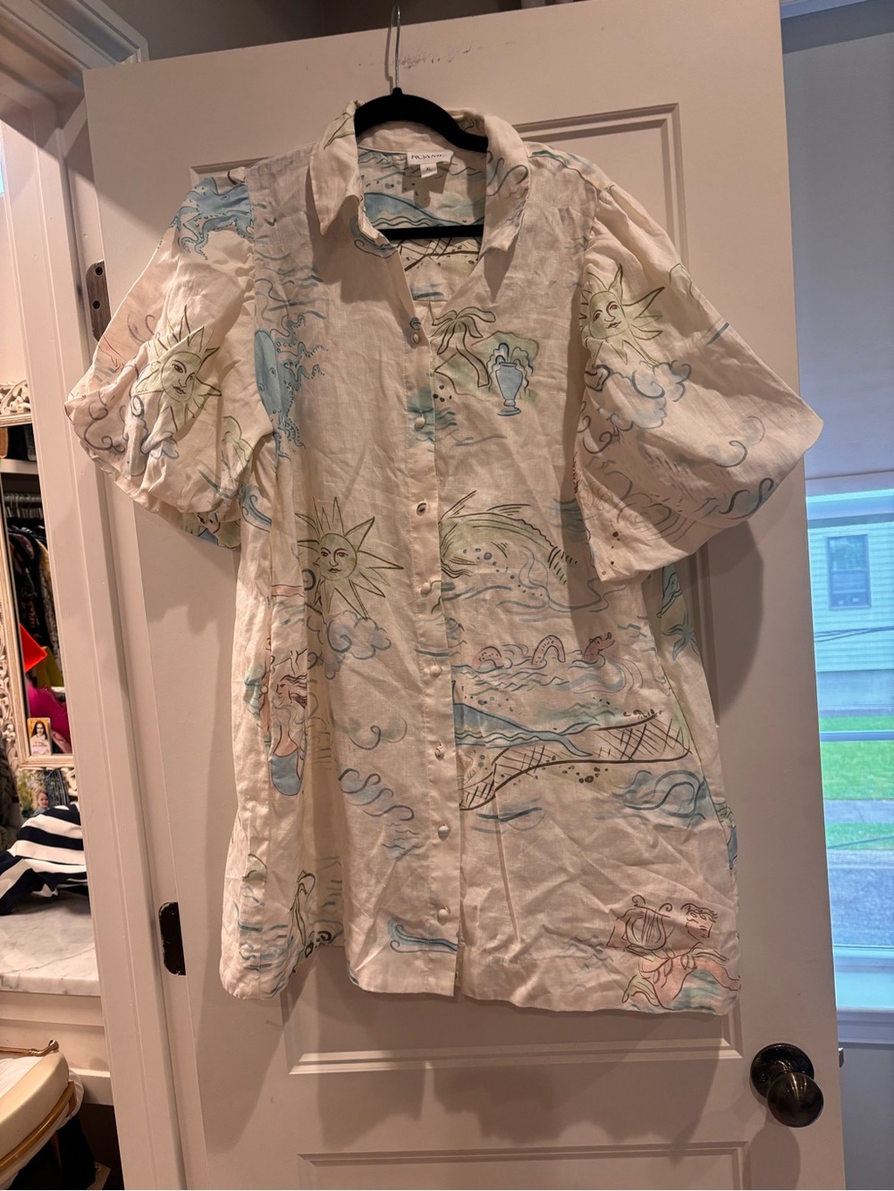 Lightweight Ivory Button-Up Dress with Sea & Sun Print